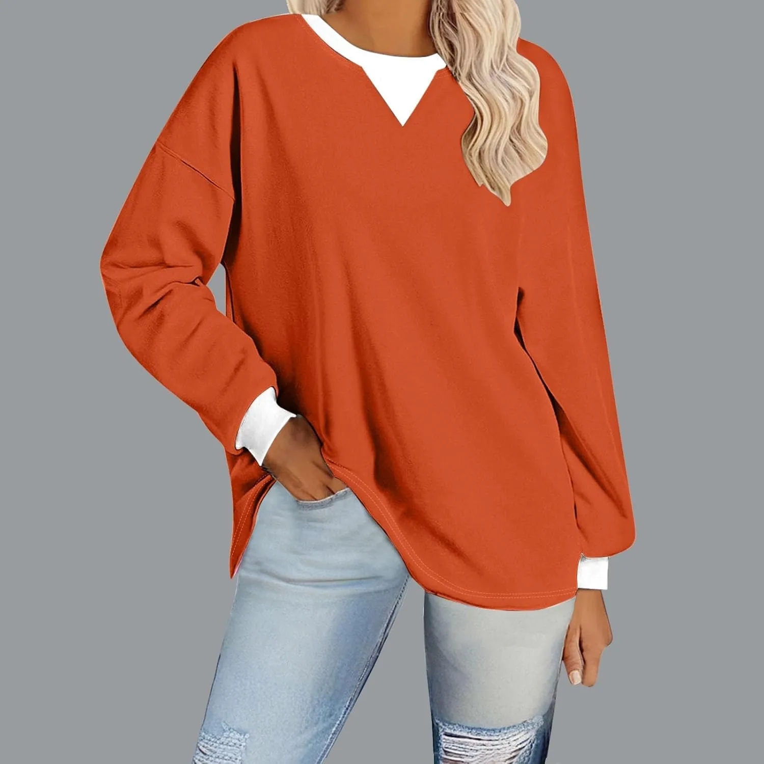 Plus Size Tops for Women Casual Long Sleeve Hoodie Round Neck Color Block Sweatshirts Daily Trendy Pullover Top