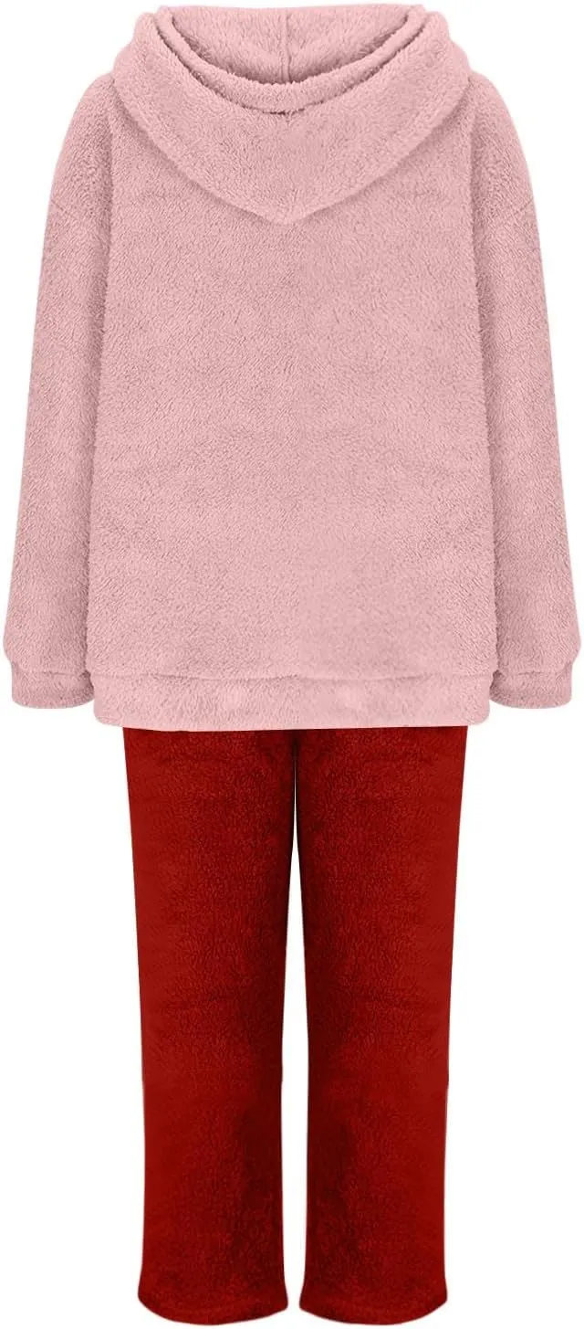 Plus Size Women Fluffy Pajamas Set Fleece Fuzzy Winter Warm Pj Sets Pullover Pants Plush 2 Piece Loungewear Sleepwear