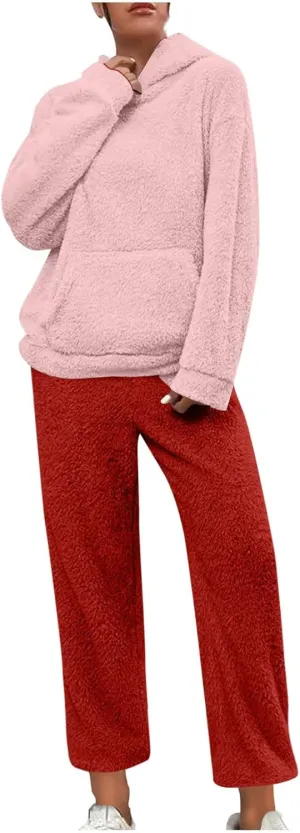 Plus Size Women Fluffy Pajamas Set Fleece Fuzzy Winter Warm Pj Sets Pullover Pants Plush 2 Piece Loungewear Sleepwear