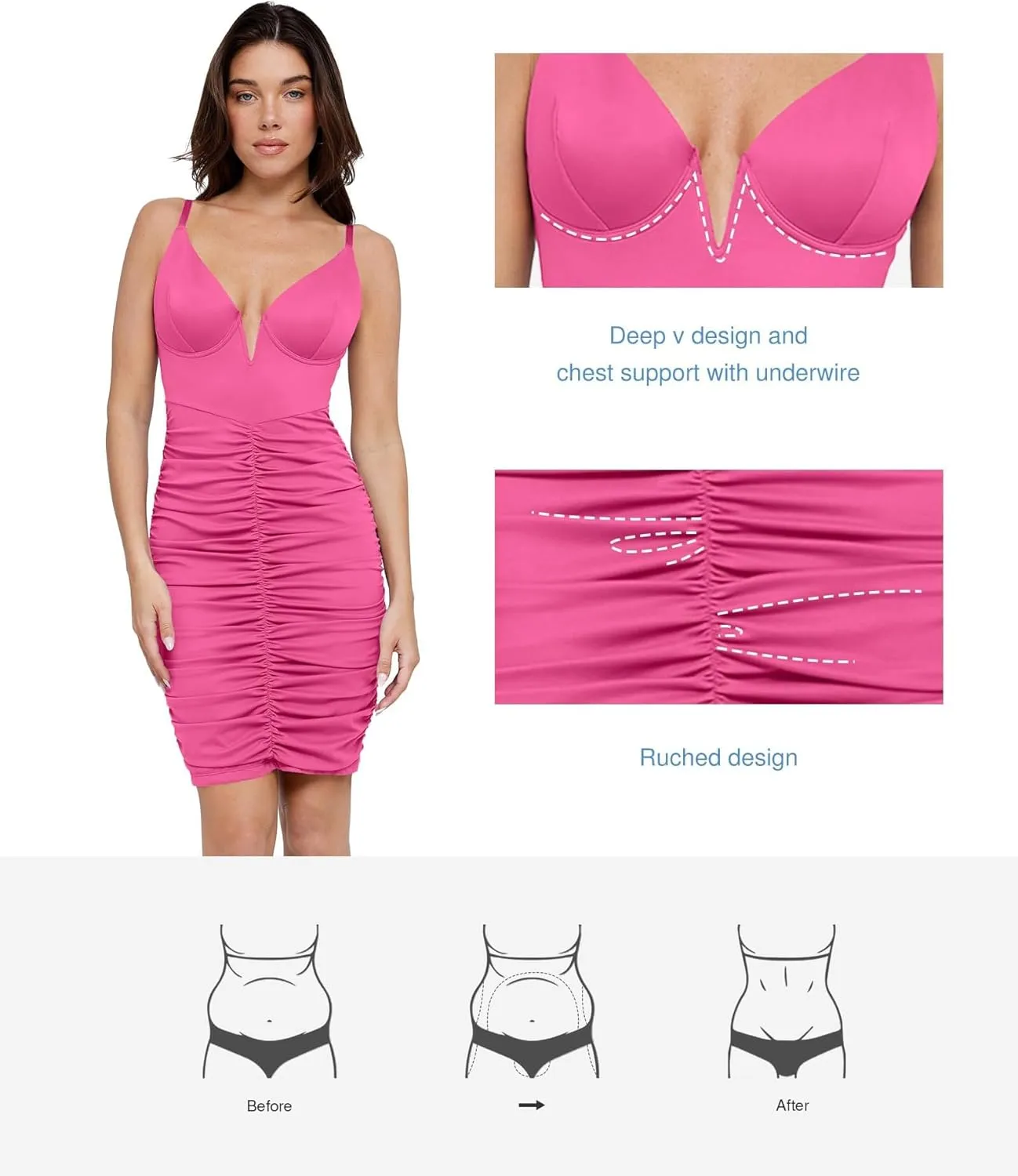 Popilush Corset Midi Dress Deep V-Neck Adjustable Strape Summer Ruched Dresses Tummy Control Built in Shapewear