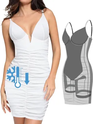 Popilush Corset Midi Dress Deep V-Neck Adjustable Strape Summer Ruched Dresses Tummy Control Built in Shapewear