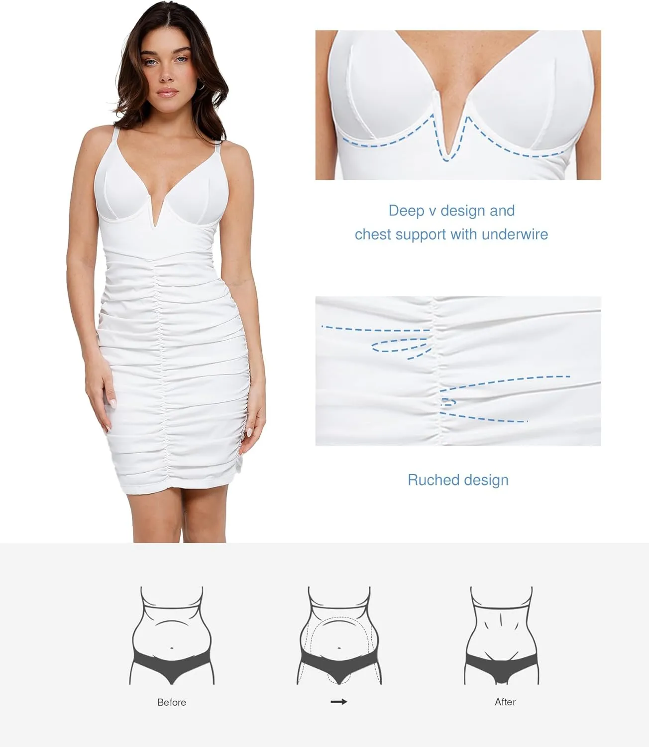 Popilush Corset Midi Dress Deep V-Neck Adjustable Strape Summer Ruched Dresses Tummy Control Built in Shapewear