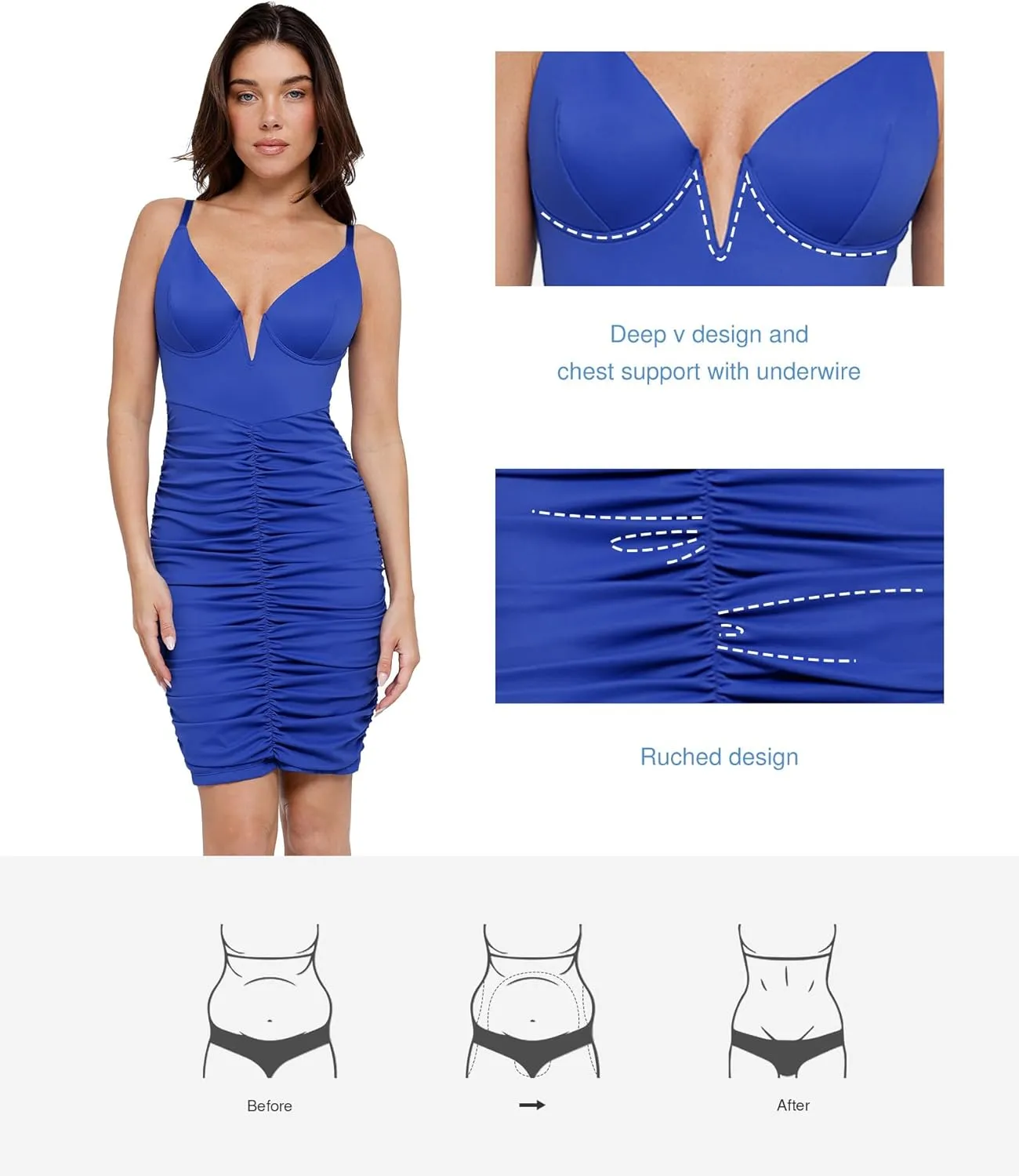 Popilush Corset Midi Dress Deep V-Neck Adjustable Strape Summer Ruched Dresses Tummy Control Built in Shapewear