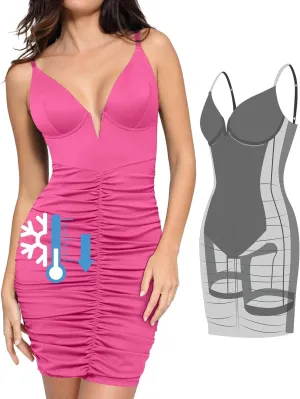 Popilush Corset Midi Dress Deep V-Neck Adjustable Strape Summer Ruched Dresses Tummy Control Built in Shapewear