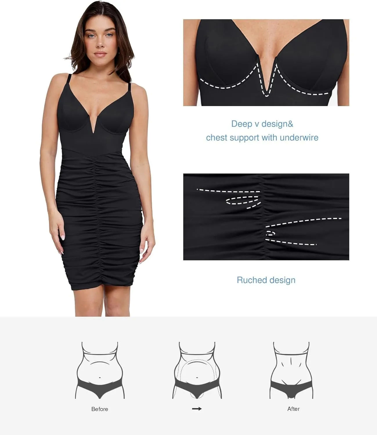 Popilush Corset Midi Dress Deep V-Neck Adjustable Strape Summer Ruched Dresses Tummy Control Built in Shapewear