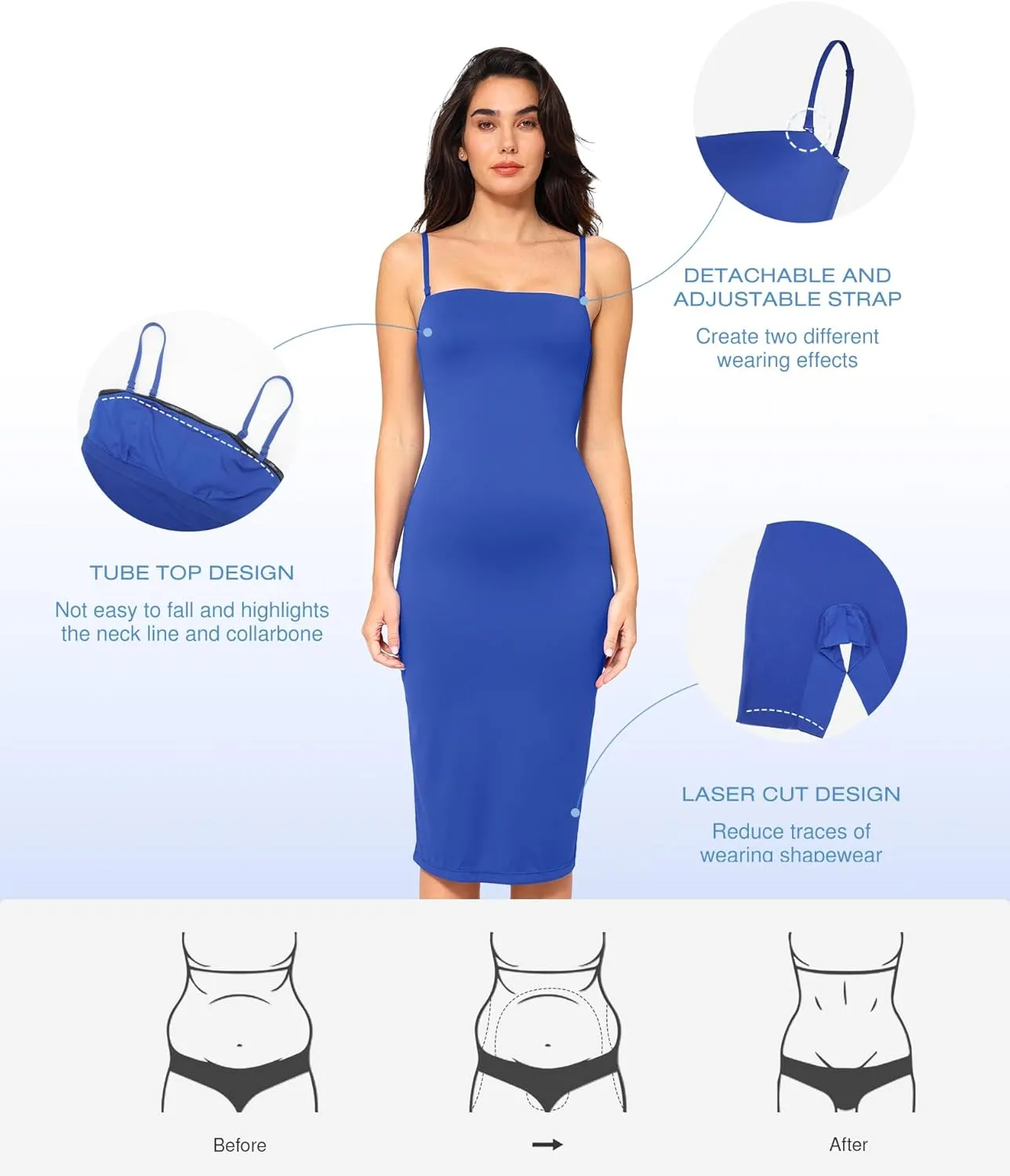 Popilush Maxi Womens Shapewear Dress Long Dresses Built-in Bra Slip with Adjustable Straps Bodycon Tube