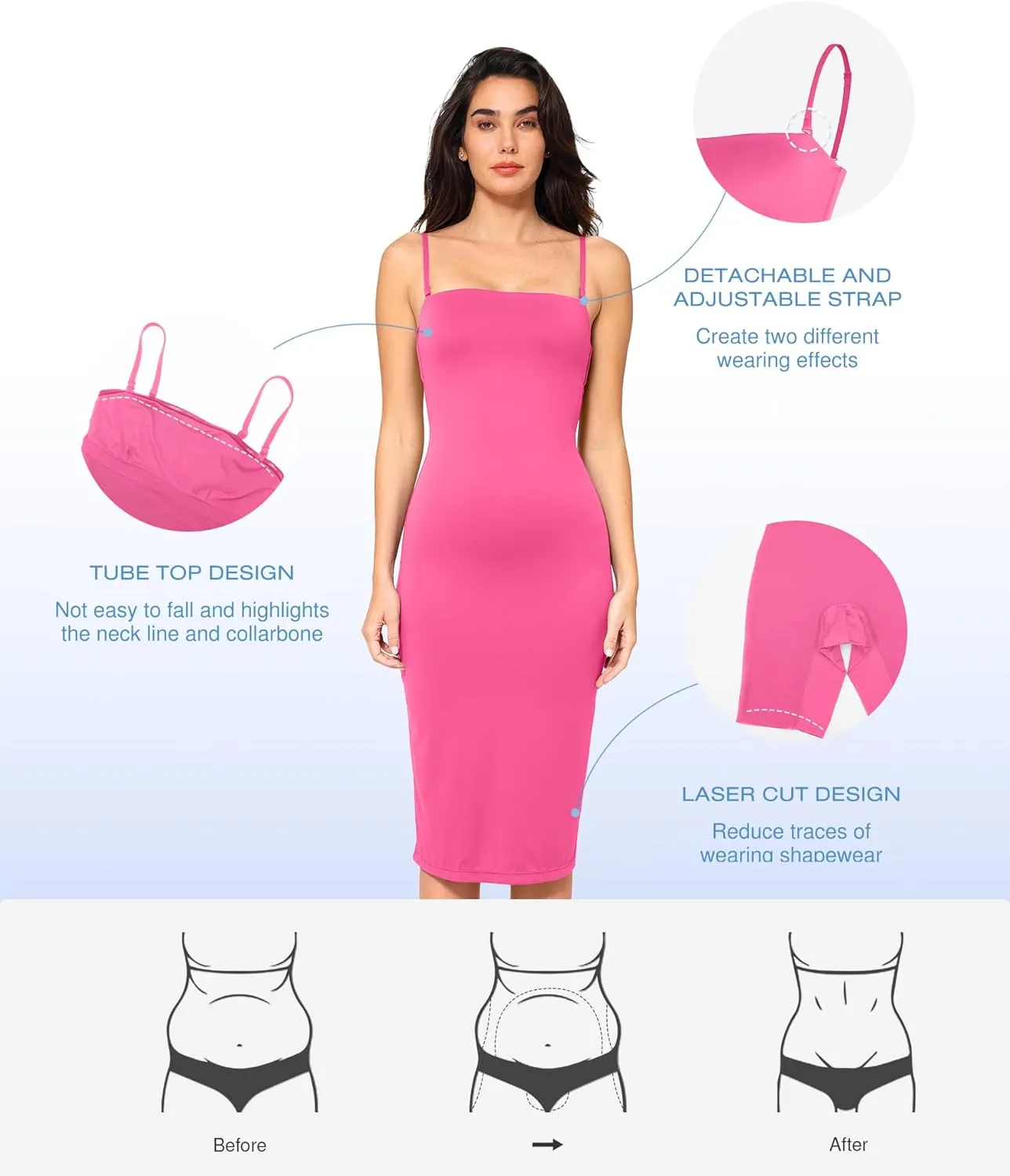 Popilush Maxi Womens Shapewear Dress Long Dresses Built-in Bra Slip with Adjustable Straps Bodycon Tube