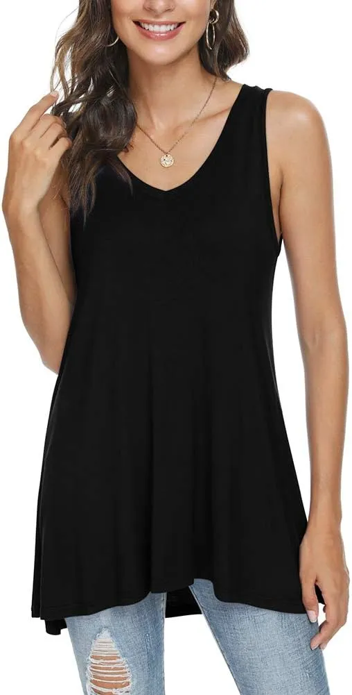 POPYOUNG Women's Long Tunic Tank to Wear with Leggings Summer V-Neck Sleeveless Tops Loose Shirts
