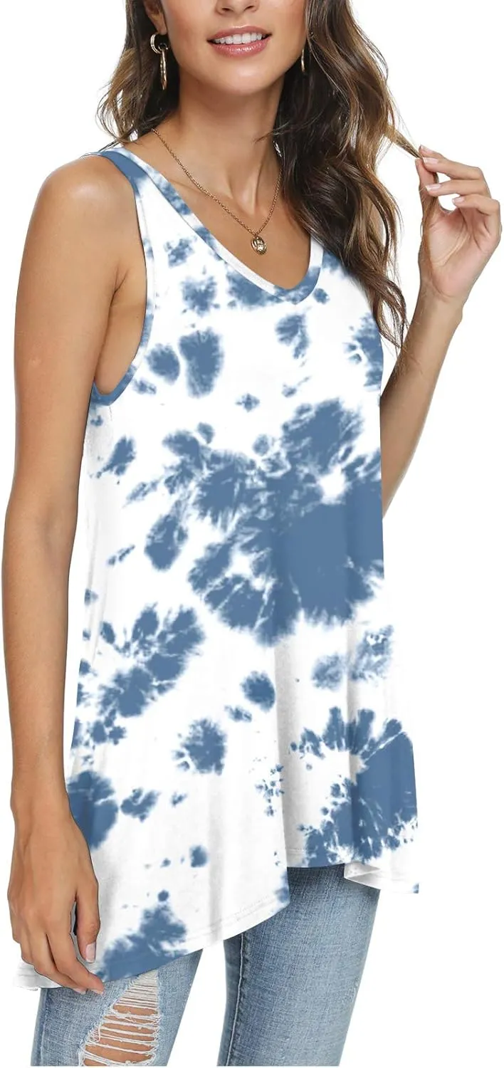 POPYOUNG Women's Long Tunic Tank to Wear with Leggings Summer V-Neck Sleeveless Tops Loose Shirts
