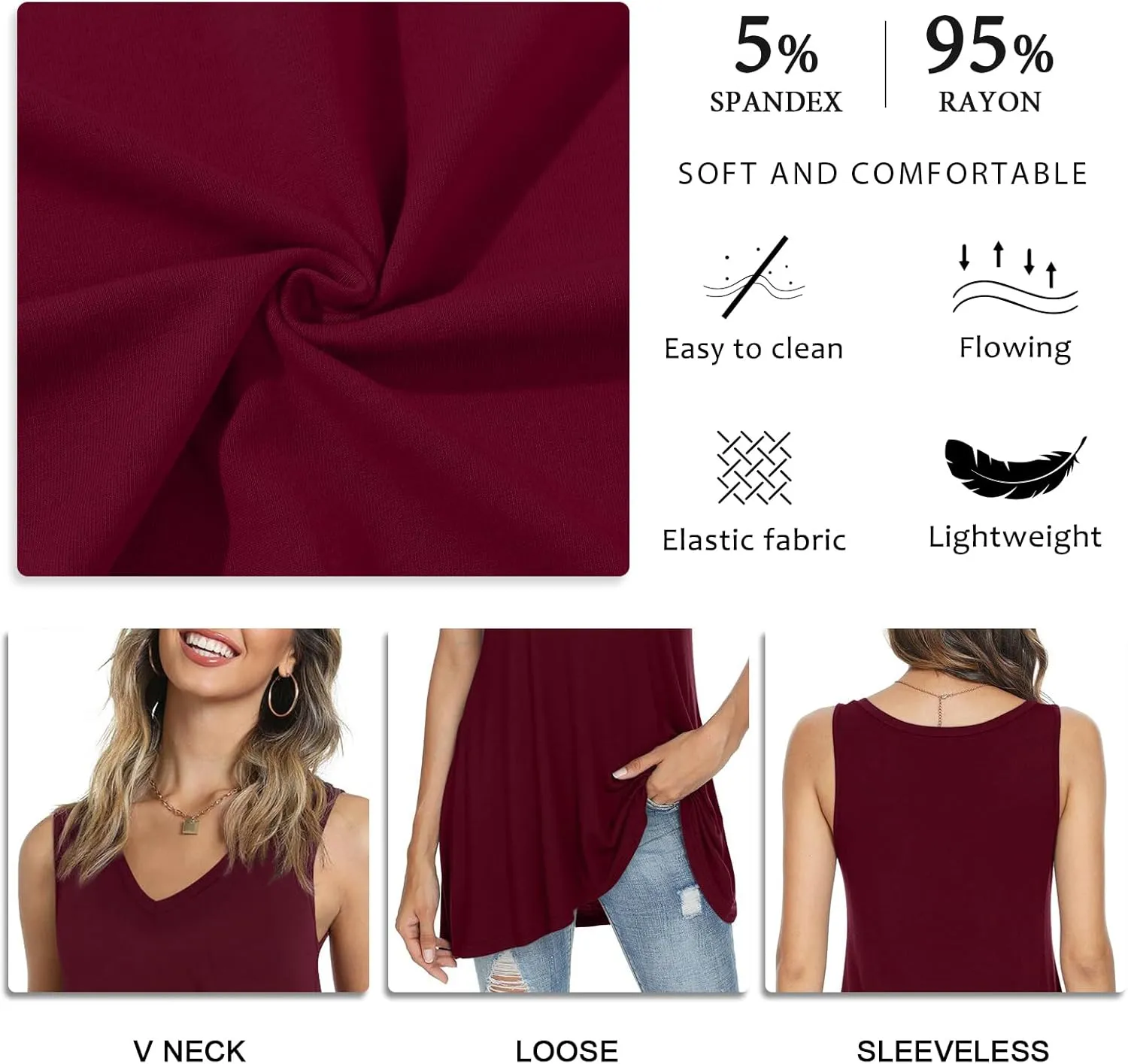 POPYOUNG Women's Long Tunic Tank to Wear with Leggings Summer V-Neck Sleeveless Tops Loose Shirts