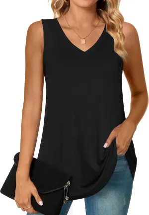 POPYOUNG Women's Long Tunic Tank to Wear with Leggings Summer V-Neck Sleeveless Tops Loose Shirts