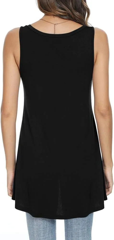 POPYOUNG Women's Long Tunic Tank to Wear with Leggings Summer V-Neck Sleeveless Tops Loose Shirts