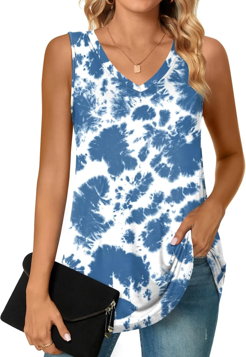 POPYOUNG Women's Long Tunic Tank to Wear with Leggings Summer V-Neck Sleeveless Tops Loose Shirts