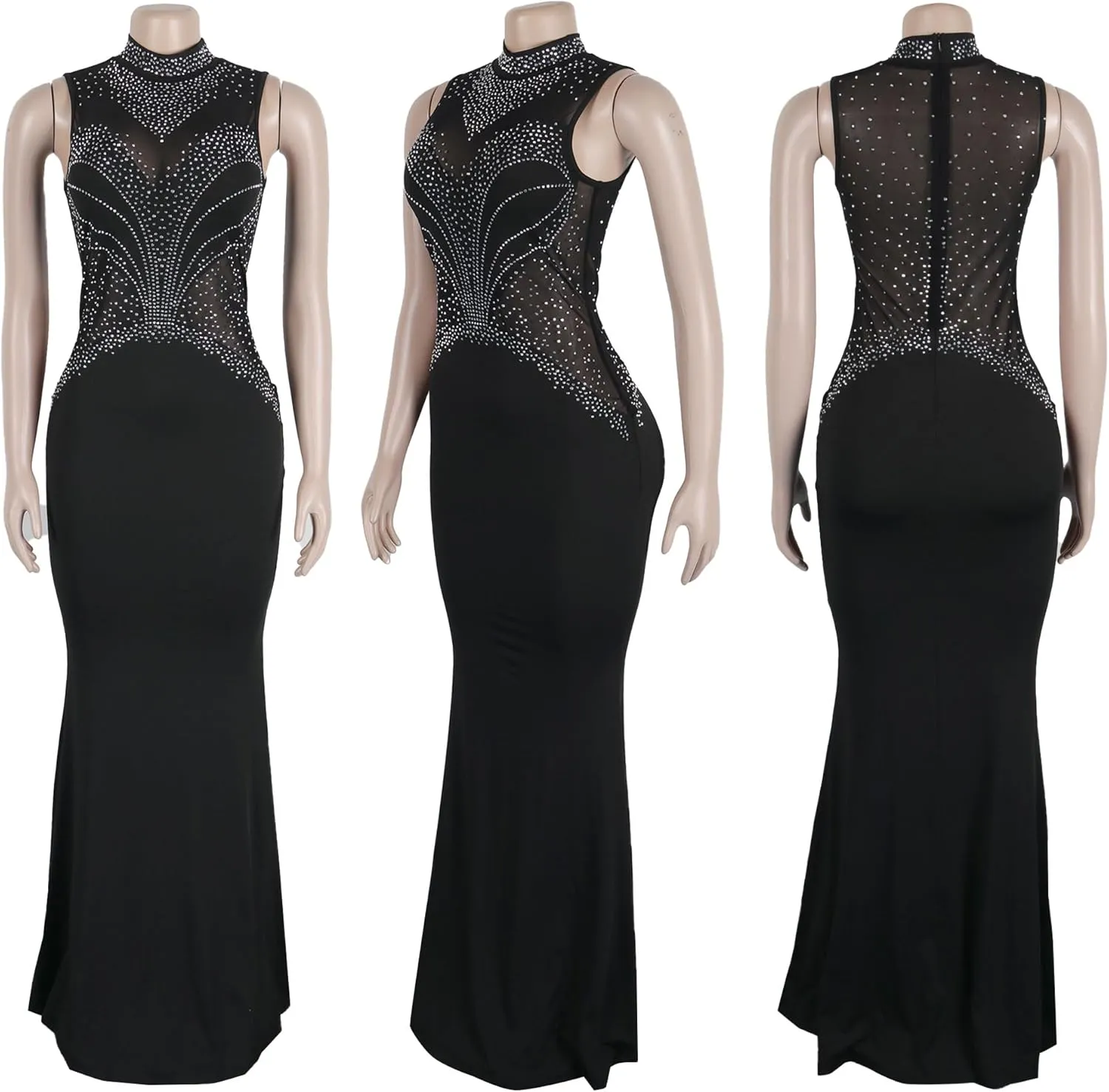 PORRCEY Women's Sexy Elegant Rhinestone Bodycon Party Club Night Dresses Hot Drilling Clubwear