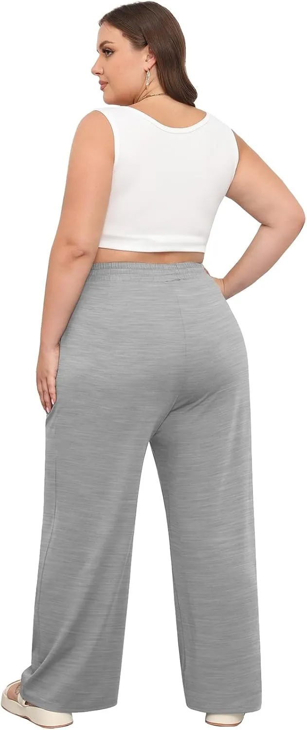 POSESHE Womens Plus Size Pants Casual Elastic Waist 2024 Summer Wide Leg Loose Fit Drawstring Trousers Sweatpant with Pockets