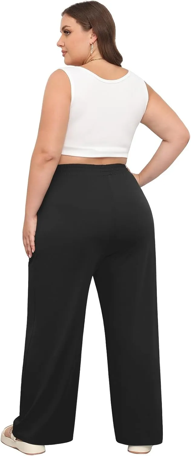 POSESHE Womens Plus Size Pants Casual Elastic Waist 2024 Summer Wide Leg Loose Fit Drawstring Trousers Sweatpant with Pockets