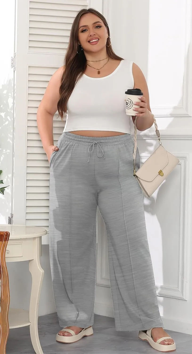 POSESHE Womens Plus Size Pants Casual Elastic Waist 2024 Summer Wide Leg Loose Fit Drawstring Trousers Sweatpant with Pockets