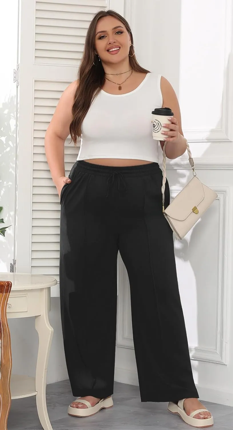 POSESHE Womens Plus Size Pants Casual Elastic Waist 2024 Summer Wide Leg Loose Fit Drawstring Trousers Sweatpant with Pockets