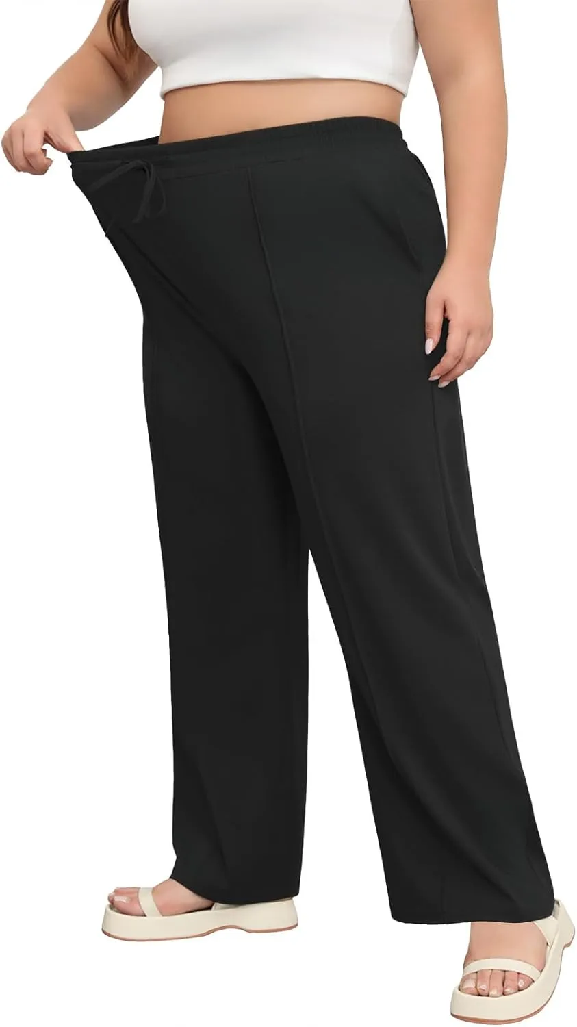 POSESHE Womens Plus Size Pants Casual Elastic Waist 2024 Summer Wide Leg Loose Fit Drawstring Trousers Sweatpant with Pockets