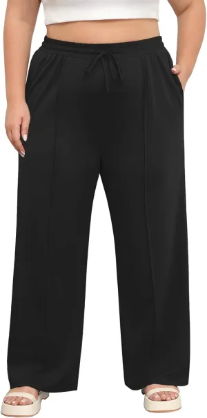 POSESHE Womens Plus Size Pants Casual Elastic Waist 2024 Summer Wide Leg Loose Fit Drawstring Trousers Sweatpant with Pockets