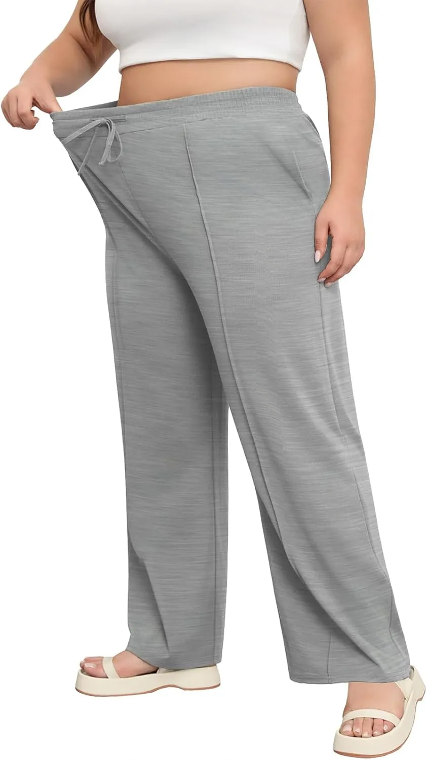 POSESHE Womens Plus Size Pants Casual Elastic Waist 2024 Summer Wide Leg Loose Fit Drawstring Trousers Sweatpant with Pockets