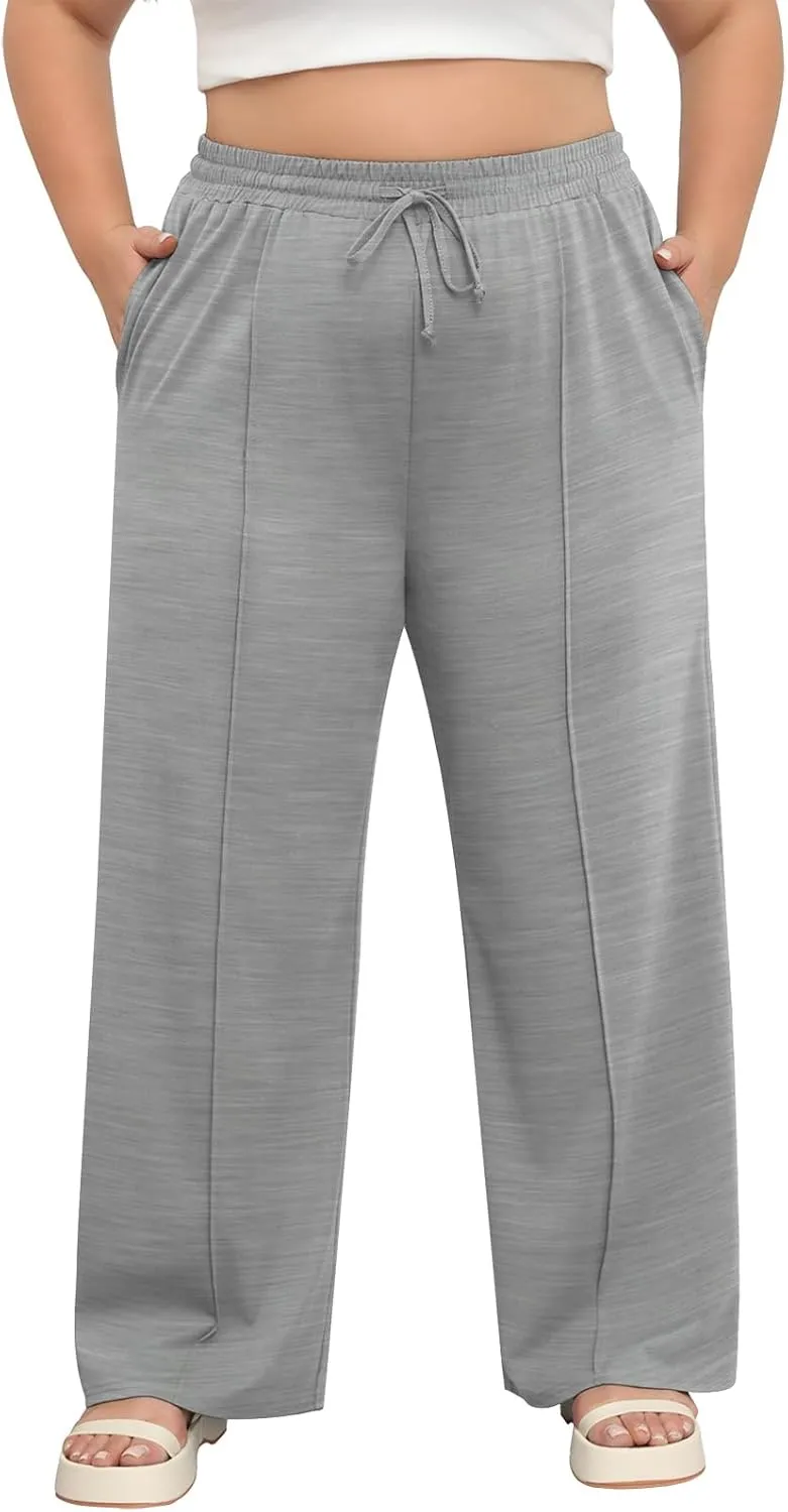 POSESHE Womens Plus Size Pants Casual Elastic Waist 2024 Summer Wide Leg Loose Fit Drawstring Trousers Sweatpant with Pockets