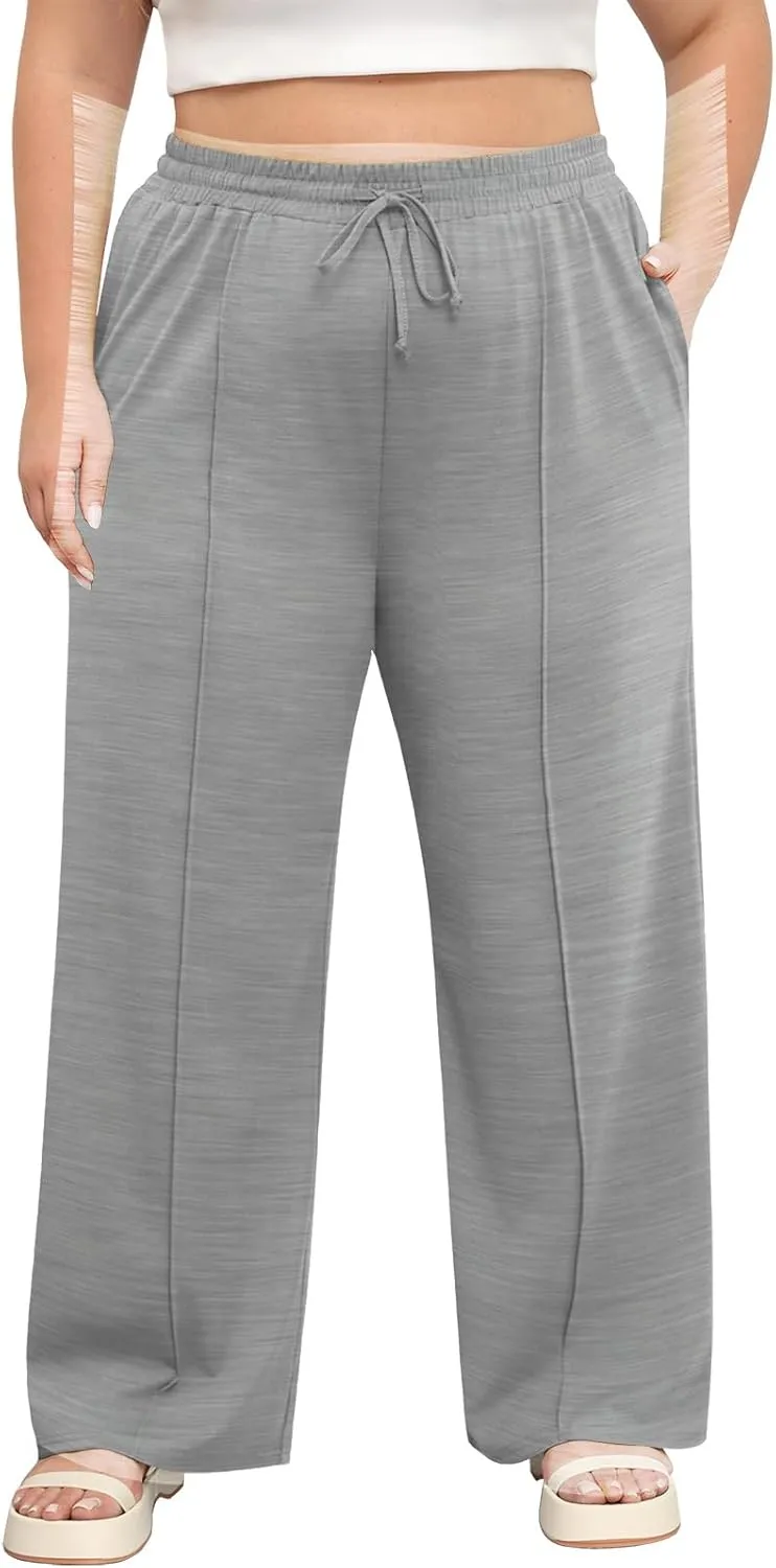 POSESHE Womens Plus Size Pants Casual Elastic Waist 2024 Summer Wide Leg Loose Fit Drawstring Trousers Sweatpant with Pockets