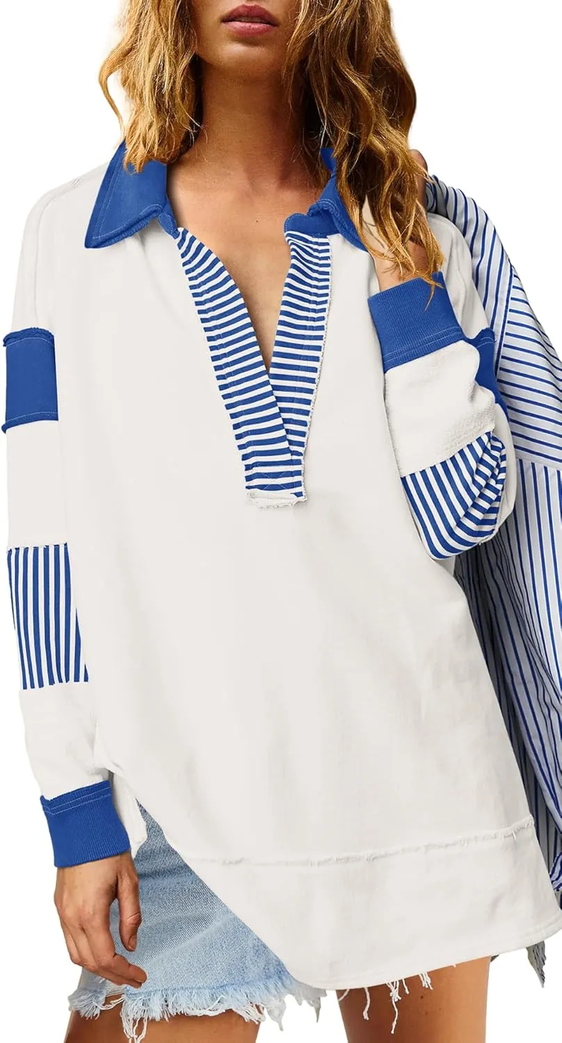 ReachMe Womens Oversized Striped Sweatshirts V Neck Loose Fit Tunic Colorblock Polo Shirts Patchwork Pullover Tops