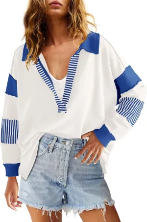 ReachMe Womens Oversized Striped Sweatshirts V Neck Loose Fit Tunic Colorblock Polo Shirts Patchwork Pullover Tops