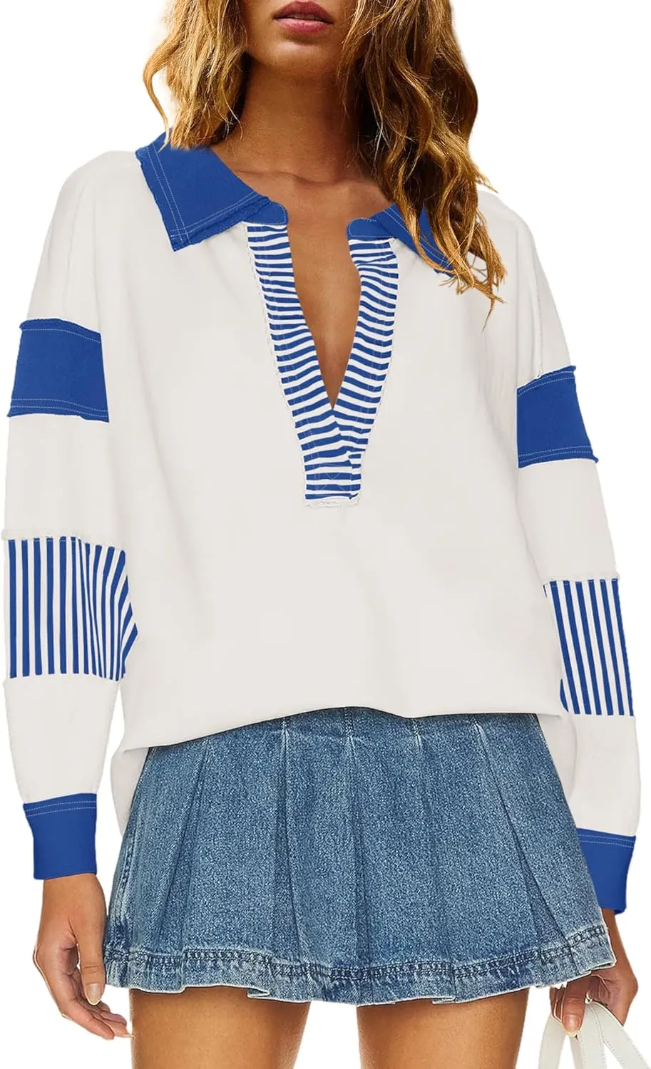 ReachMe Womens Oversized Striped Sweatshirts V Neck Loose Fit Tunic Colorblock Polo Shirts Patchwork Pullover Tops
