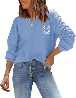 ReachMe Womens Smile Face Sweatshirt Cute Trendy Graphic Sweatshirts Casual Loose Long Sleeve Crewneck Pullover Tops