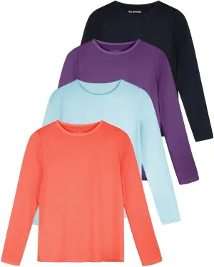 Real Essentials 4 Pack: Women's Dry-Fit Tech Stretch Long-Sleeve Athletic Workout T-Shirt (Available in Plus Size)