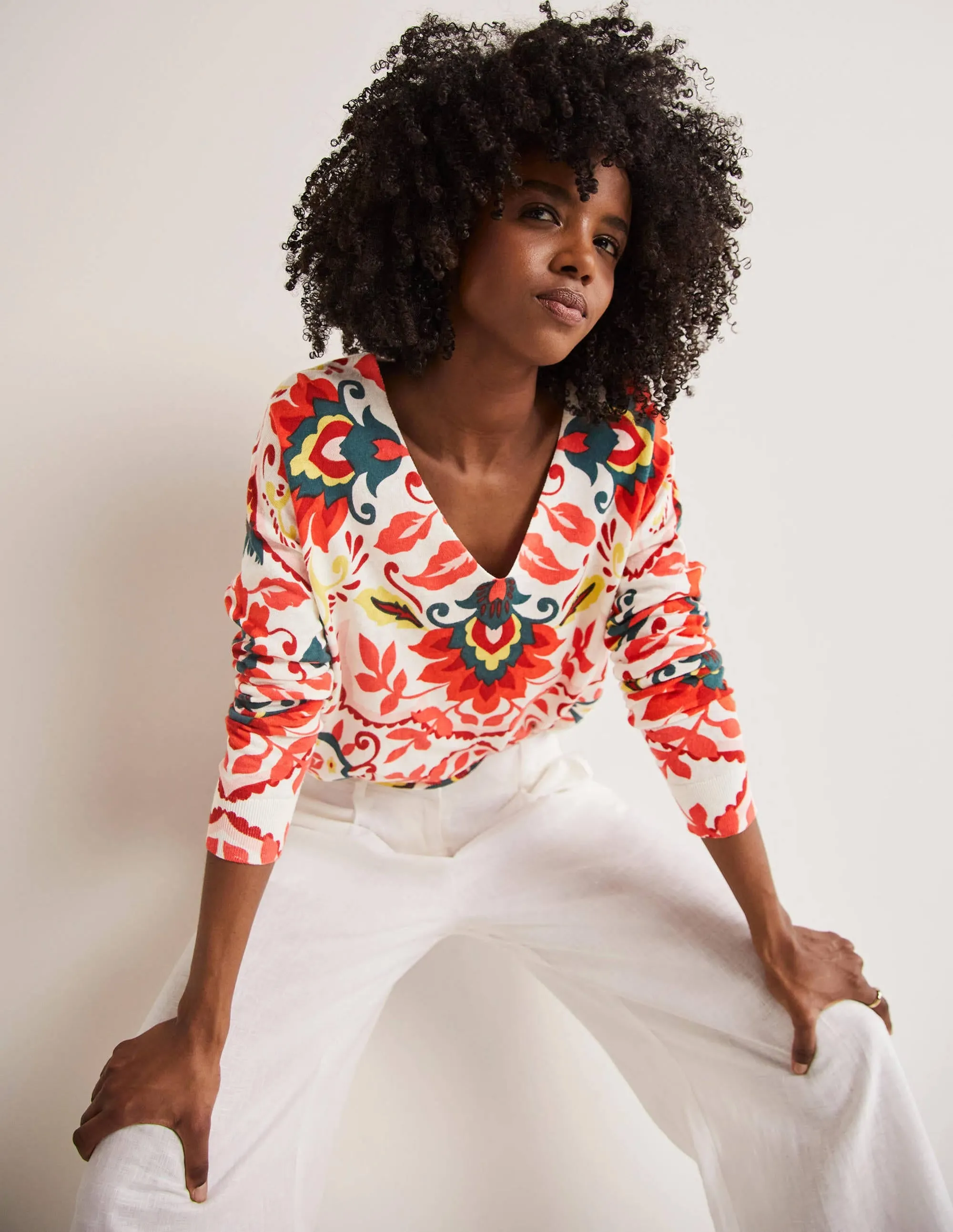 Relaxed Printed V-neck Jumper-Multi, Moroccan Bloom