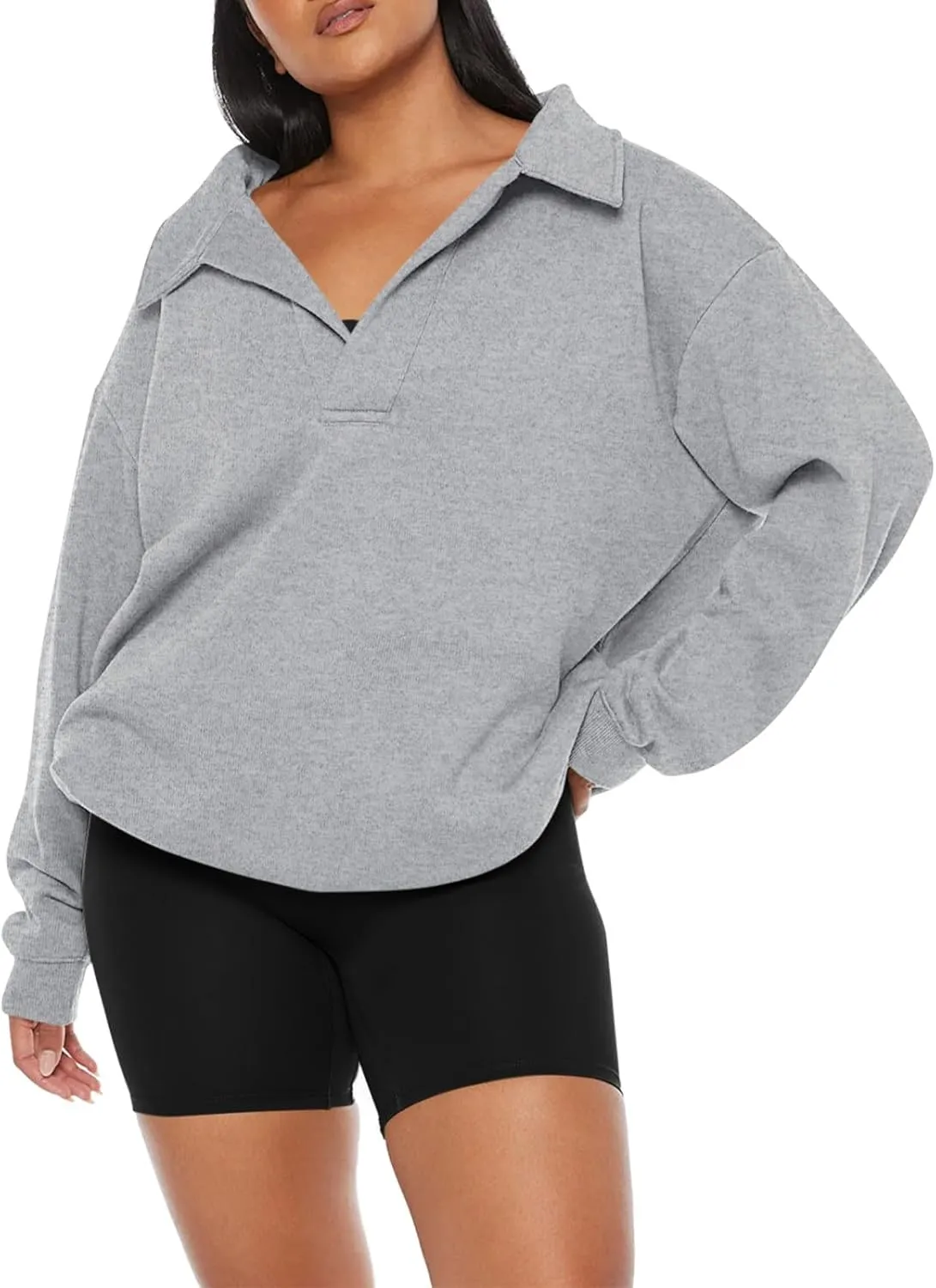 REORIA Womens Oversized Sweatshirts Fleece V Neck Pullover Tops Casual Comfy Fall Trendy Clothes 2024