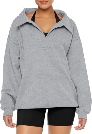 REORIA Womens Oversized Sweatshirts Fleece V Neck Pullover Tops Casual Comfy Fall Trendy Clothes 2024