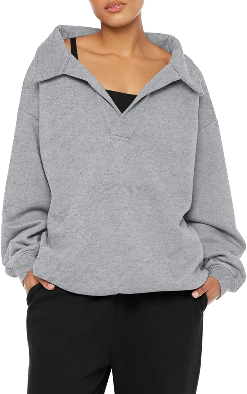 REORIA Womens Oversized Sweatshirts Fleece V Neck Pullover Tops Casual Comfy Fall Trendy Clothes 2024