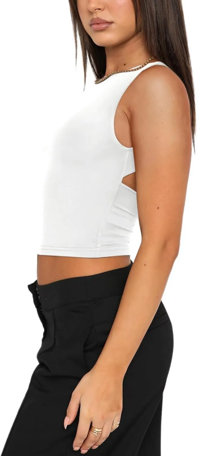 REORIA Women's Sexy Open Back High Neck Sleeveless Tank Top Y2k Trendy Backless Crop Tops