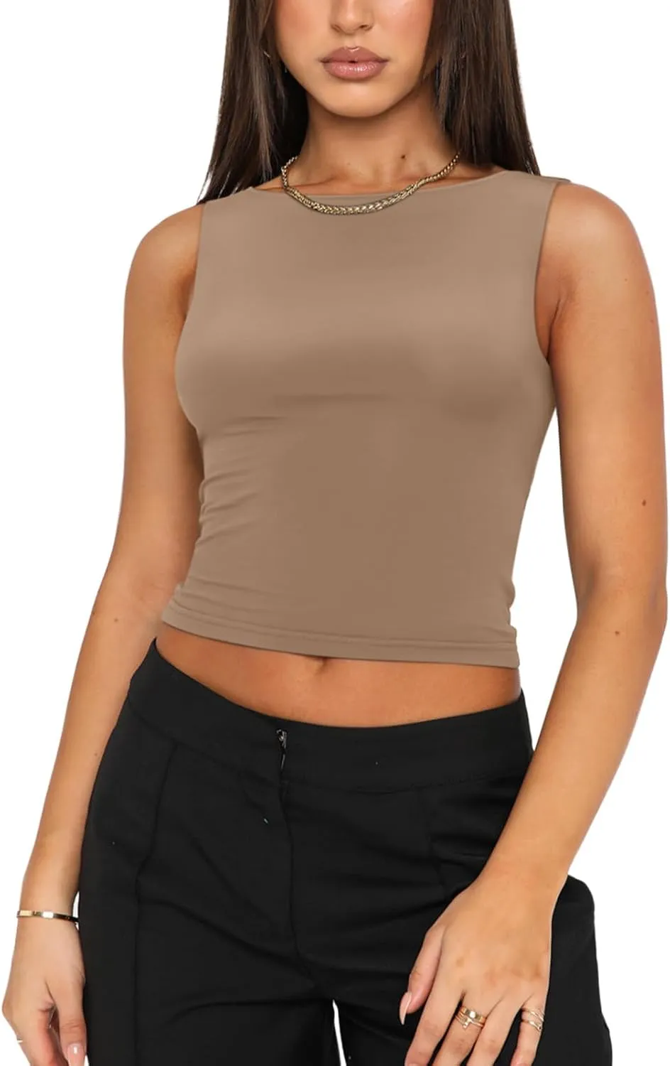 REORIA Women's Sexy Open Back High Neck Sleeveless Tank Top Y2k Trendy Backless Crop Tops