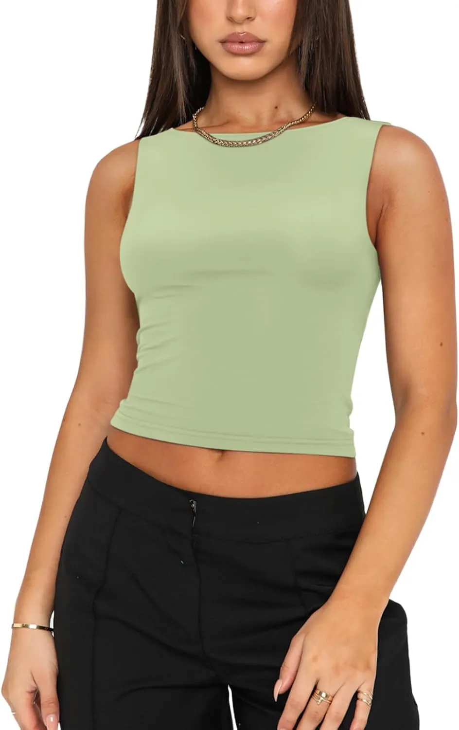 REORIA Women's Sexy Open Back High Neck Sleeveless Tank Top Y2k Trendy Backless Crop Tops