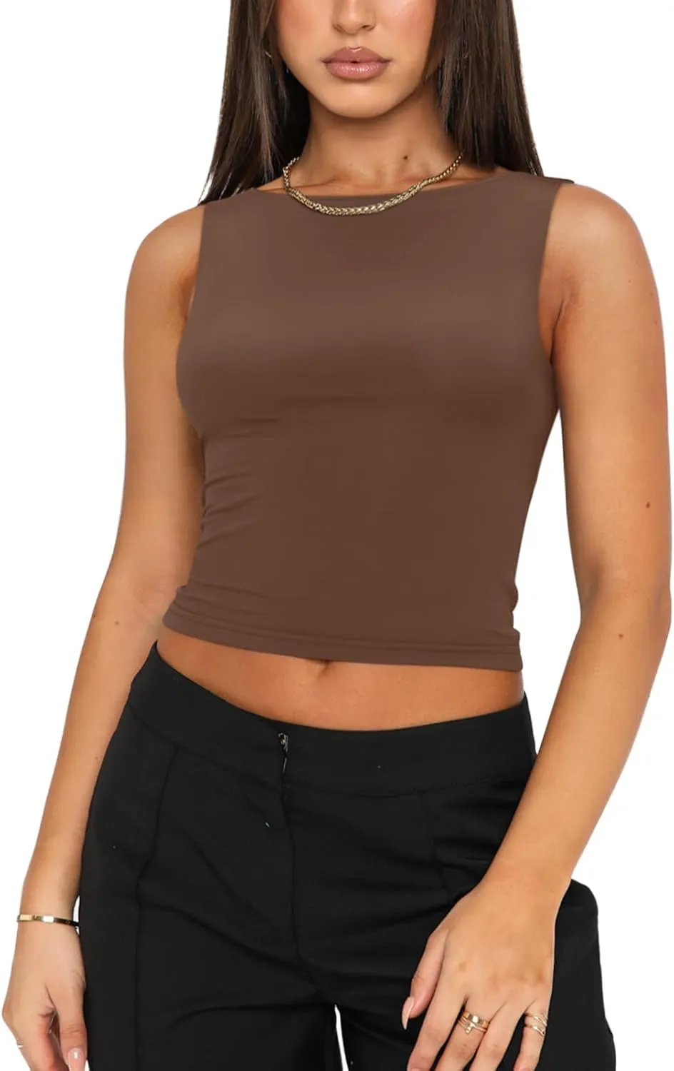 REORIA Women's Sexy Open Back High Neck Sleeveless Tank Top Y2k Trendy Backless Crop Tops