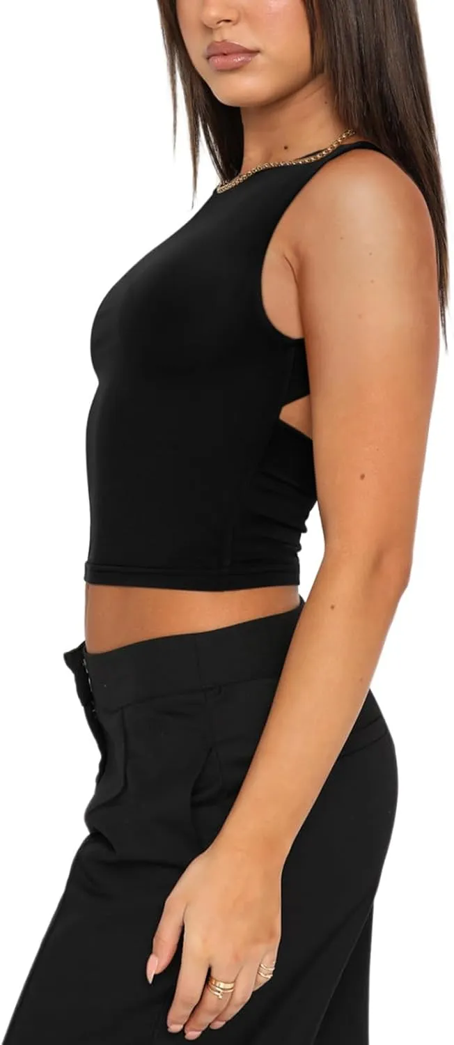 REORIA Women's Sexy Open Back High Neck Sleeveless Tank Top Y2k Trendy Backless Crop Tops