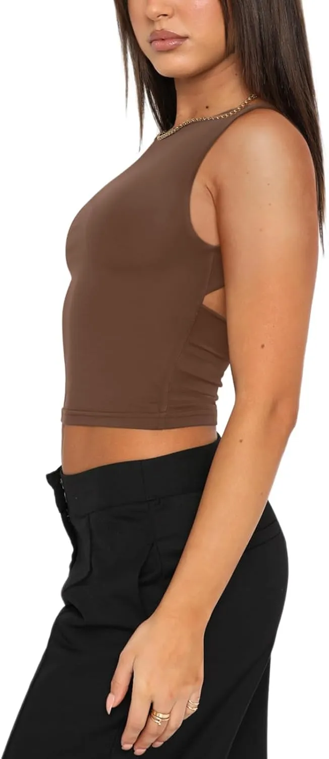 REORIA Women's Sexy Open Back High Neck Sleeveless Tank Top Y2k Trendy Backless Crop Tops