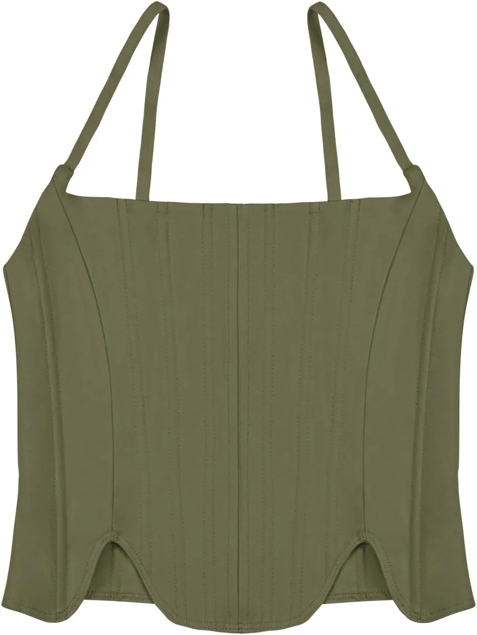 REORIA Women's Sexy Square Neck Trendy Sleeveless Adjustable Spaghetti Strap Corset Tank Crop Tops