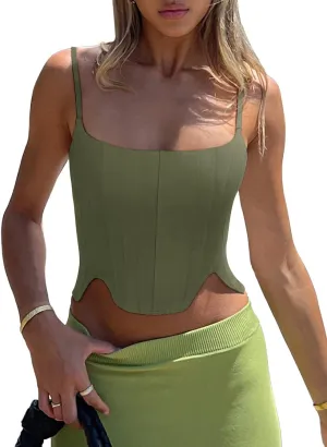 REORIA Women's Sexy Square Neck Trendy Sleeveless Adjustable Spaghetti Strap Corset Tank Crop Tops