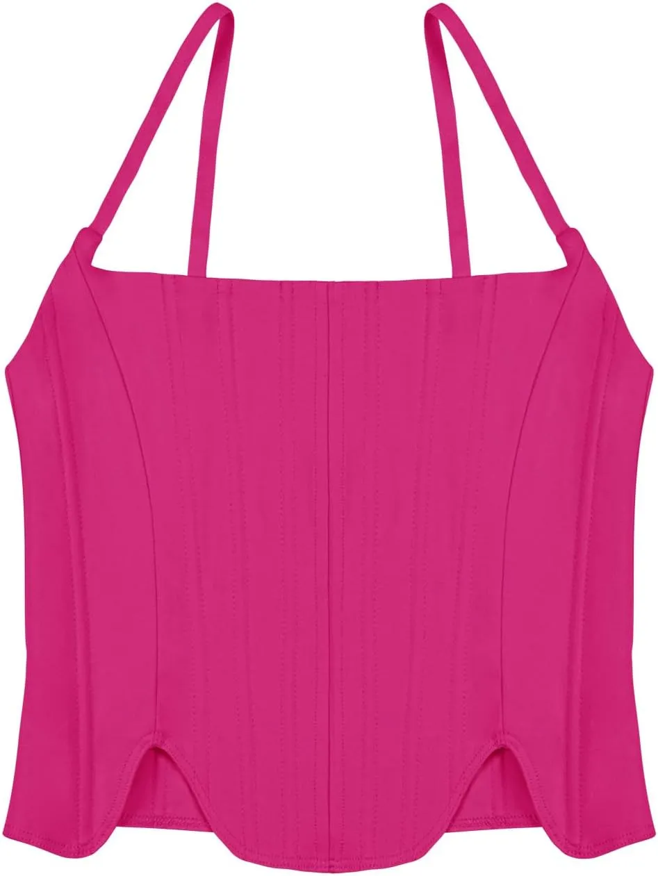 REORIA Women's Sexy Square Neck Trendy Sleeveless Adjustable Spaghetti Strap Corset Tank Crop Tops