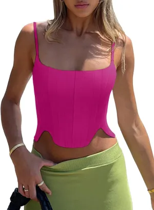 REORIA Women's Sexy Square Neck Trendy Sleeveless Adjustable Spaghetti Strap Corset Tank Crop Tops
