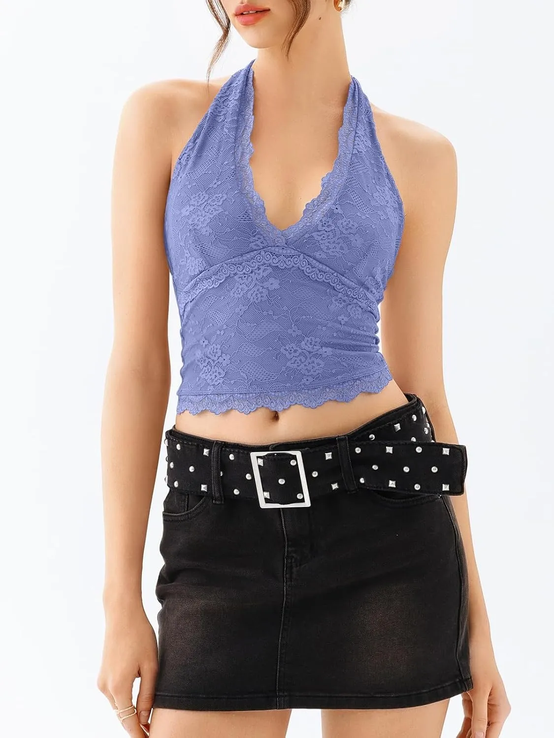 REORIA Womens Sexy V Neck Lace Halter Backless Going Out Double Lined Y2K Trendy Cropped Tank Tops