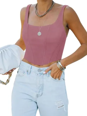 REORIA Women's Summer Sexy Square Neck Sleeveless Trendy Bustier Corset Crop Tank Tops