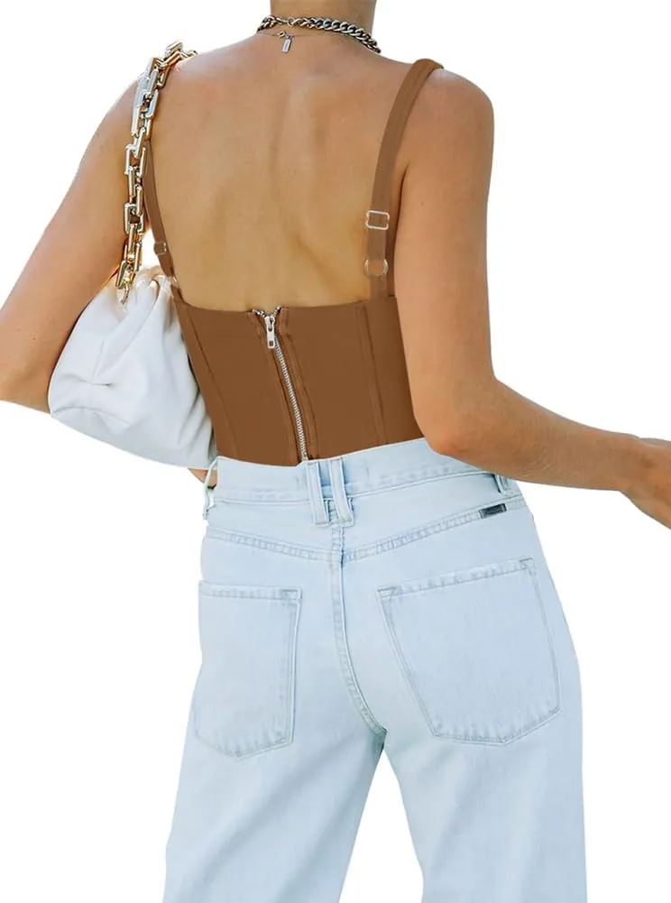 REORIA Women's Summer Sexy Square Neck Sleeveless Trendy Bustier Corset Crop Tank Tops