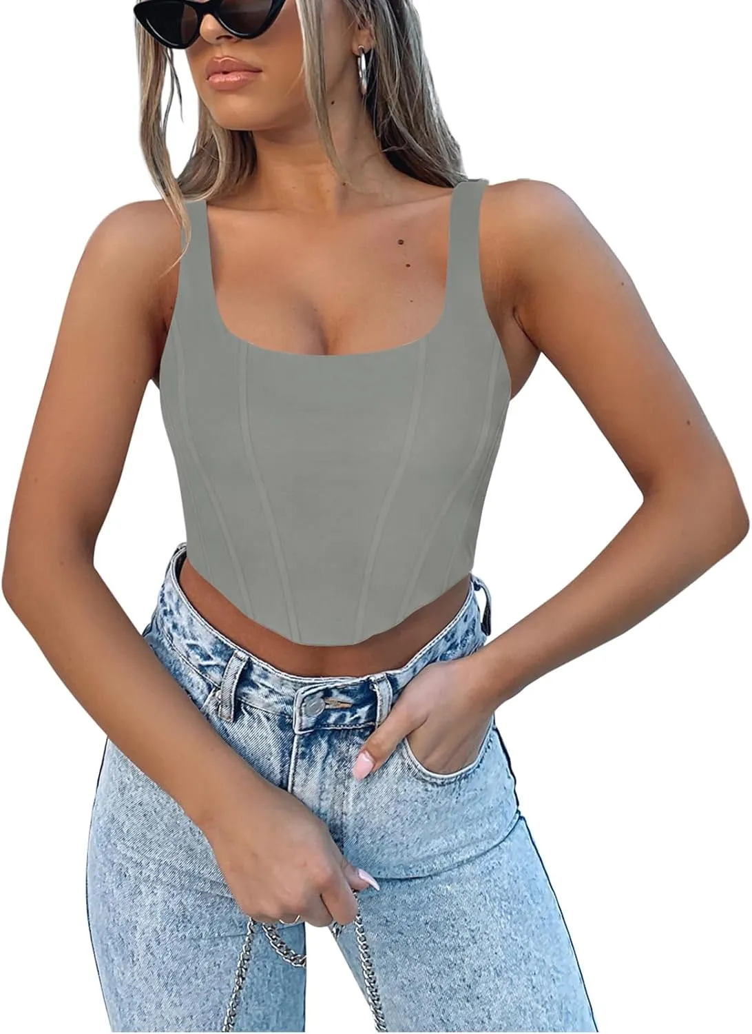 REORIA Women's Summer Sexy Square Neck Sleeveless Trendy Bustier Corset Crop Tank Tops